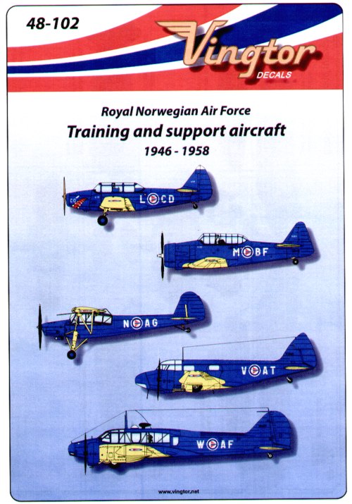 Royal Norwegian Air Force Training and Support Aircraft (9) Fairchild M-62A Cornell L-CD Communications Flight with shark mouth 1953 or L-BD Flying School 1956; Harvard M-BG; Fieseler Fi 156C "Storch" N-AG 332 Sqn 1950 or N-AB Northern Air Command; Airspeed Oxford Mk.II V-AT or V-AM both Flying School Gardermoen 1948; Anson MK 1 W-AF or W-AD both Flying School Gardermoen 1948. All have blue fuselage and yellow wings
