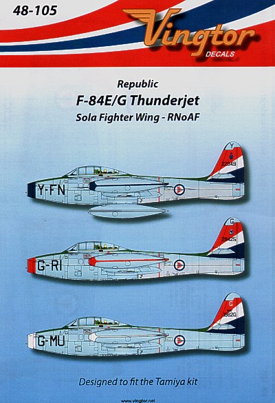 F-84E/G Thunderjet (3) Sola Fighter Wing, R. Norwegian AF. Y-FN Blue nose; G-RI red nose; G-MU white nosey