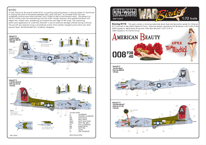 Kits World 172188 Aircraft Decals 1:72 Boeing B-17F/B-17G Flying Fortress Compre 